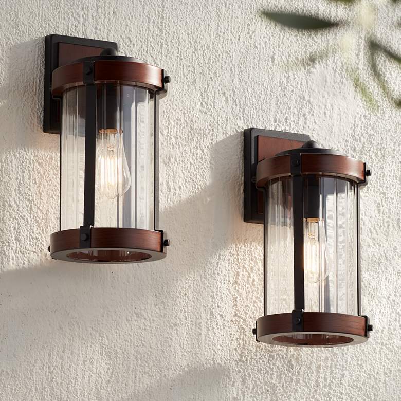 Image 1 Stan 13 3/4" High Black and Dark Wood Outdoor Wall Light Set of 2