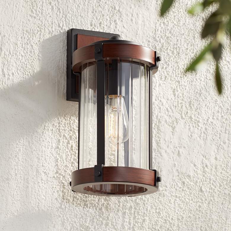 Image 7 Stan 13 3/4" High Black and Dark Wood Outdoor Wall Light Set of 2 more views