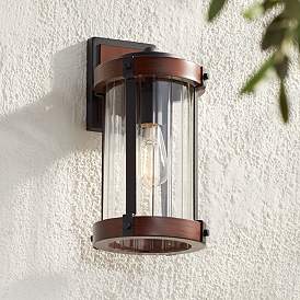Image1 of Stan 13 3/4" High Black and Dark Wood Outdoor Wall Light