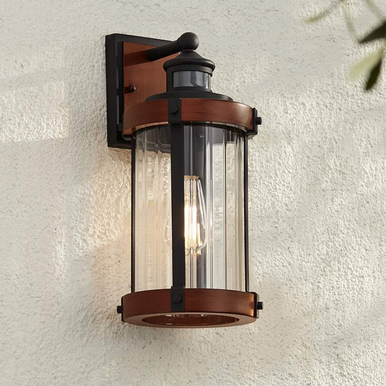 Image 1 Stan 15 1/2 inch High Wood and Black Motion Sensor Outdoor Wall Light