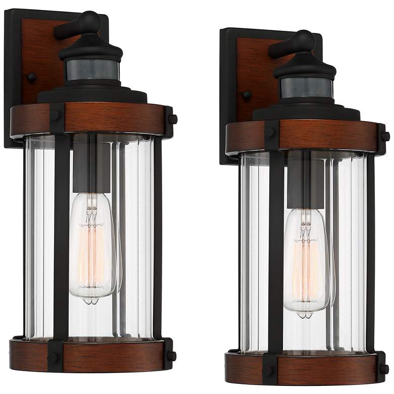 Image 2 Stan 15 1/2"H Wood and Black Motion Sensor Outdoor Wall Light Set of 2