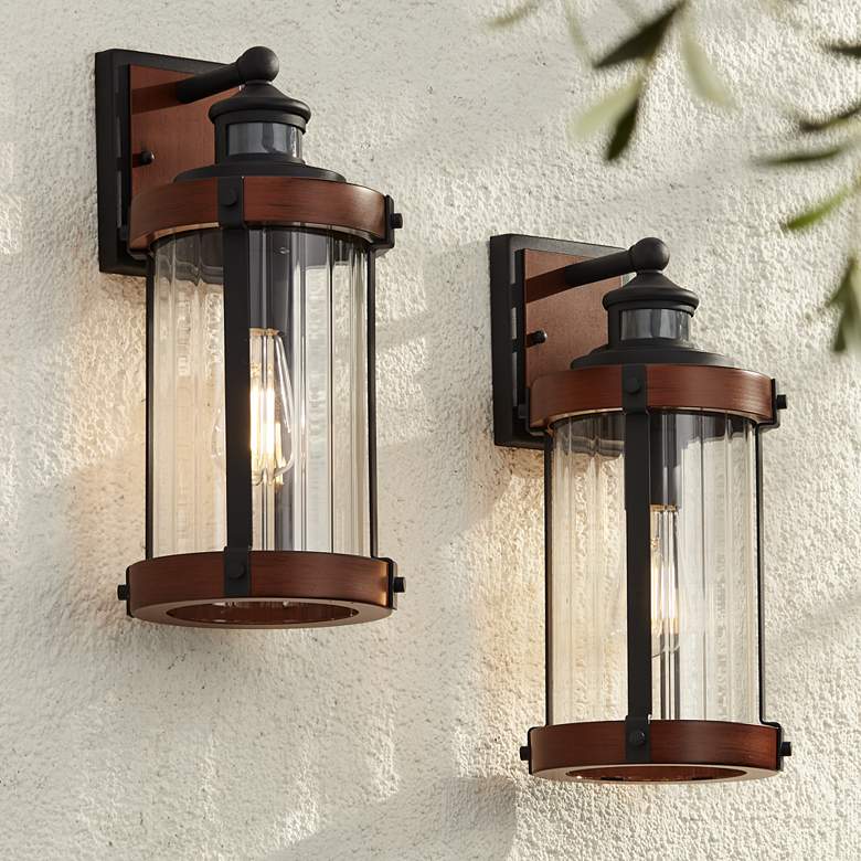 Image 1 Stan 15 1/2 inchH Wood and Black Motion Sensor Outdoor Wall Light Set of 2
