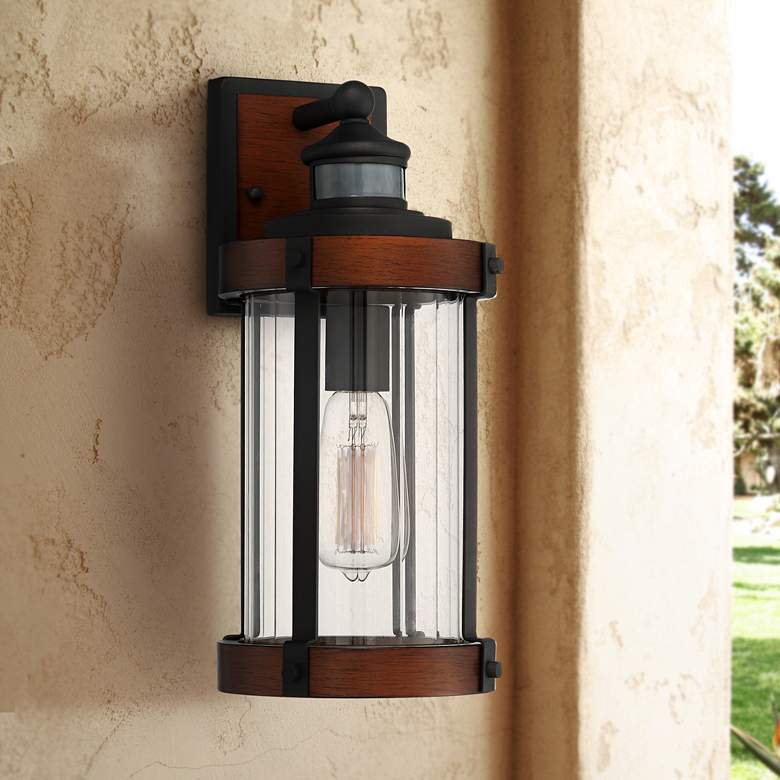 Image 7 Stan 15 1/2 inchH Wood and Black Motion Sensor Outdoor Wall Light Set of 2 more views