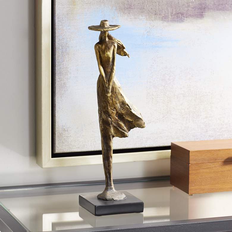 Image 1 Standing Girl Windy Day 14 1/4 inch High Copper Finish Modern Statue