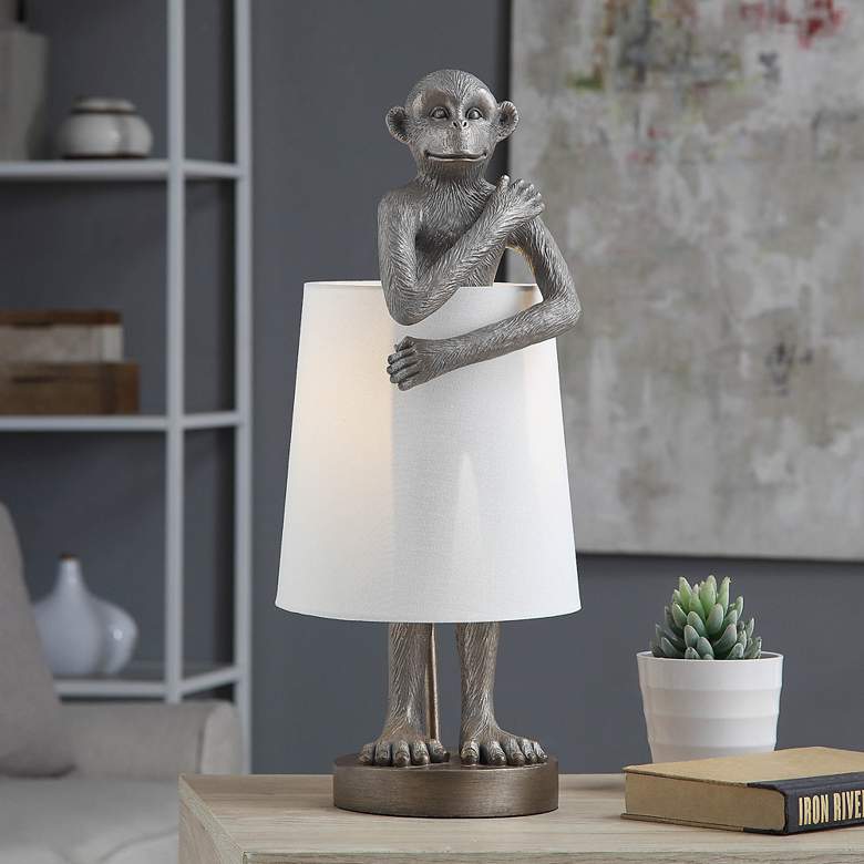 Image 1 Standing Monkey Antique Brass Accent Table Lamp