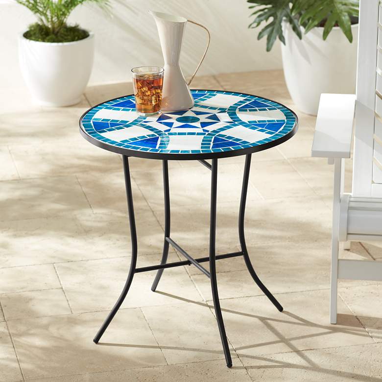 Image 1 Star Mosaic Blue and White Iron Outdoor Accent Table