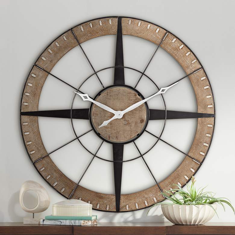 Image 1 Starboard 36 1/2 inch Wide Black and Brown Rustic Compass Wall Clock