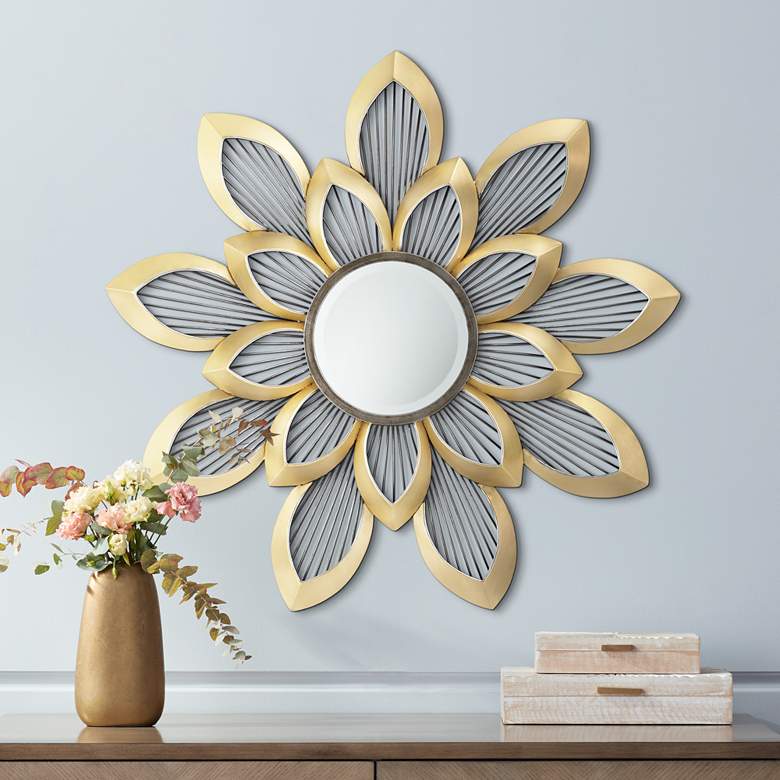 Image 1 Starburst 33 1/2"W Gold Black Flower Metal Mirrored Wall Art