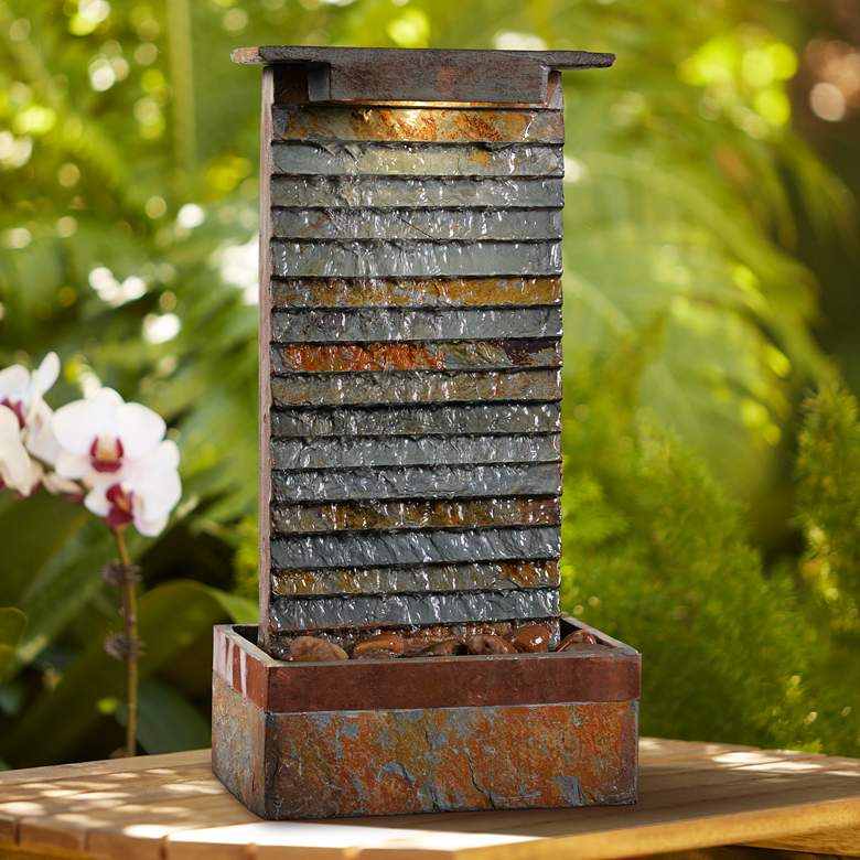 Image 1 Stave Slate Stone 19" High Rustic Modern Fountain with LED Light