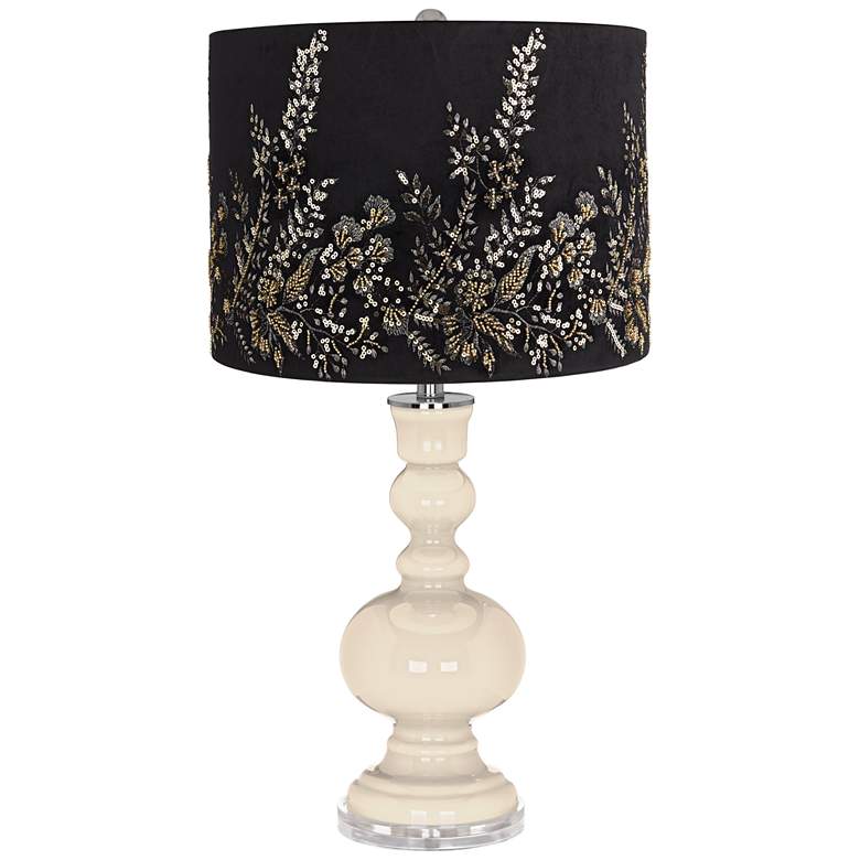 Steamed Milk Apothecary Table Lamp w/ Black Gold Beading Shade