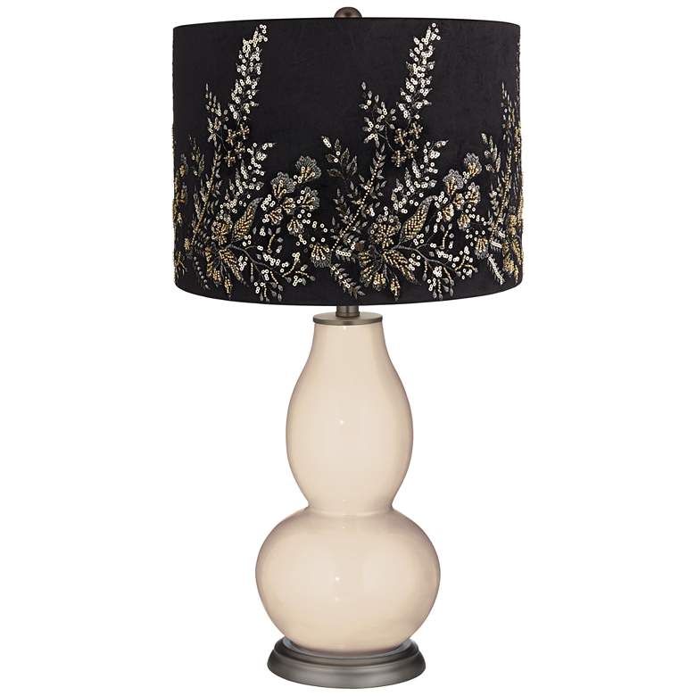 Image 1 Steamed Milk Double Gourd Table Lamp w/ Black Gold Beading Shade