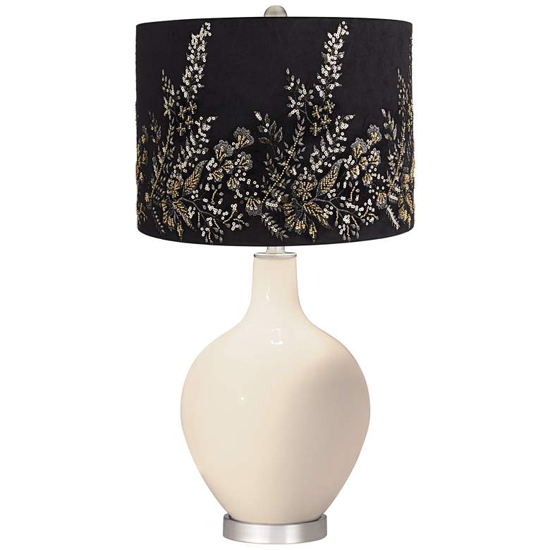 Image 1 Steamed Milk Ovo Table Lamp w/ Black Gold Beading Shade