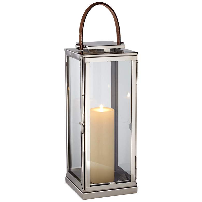 Image 1 Steel Pillar 18 inchH Candle Holder Lantern With Leather Handle