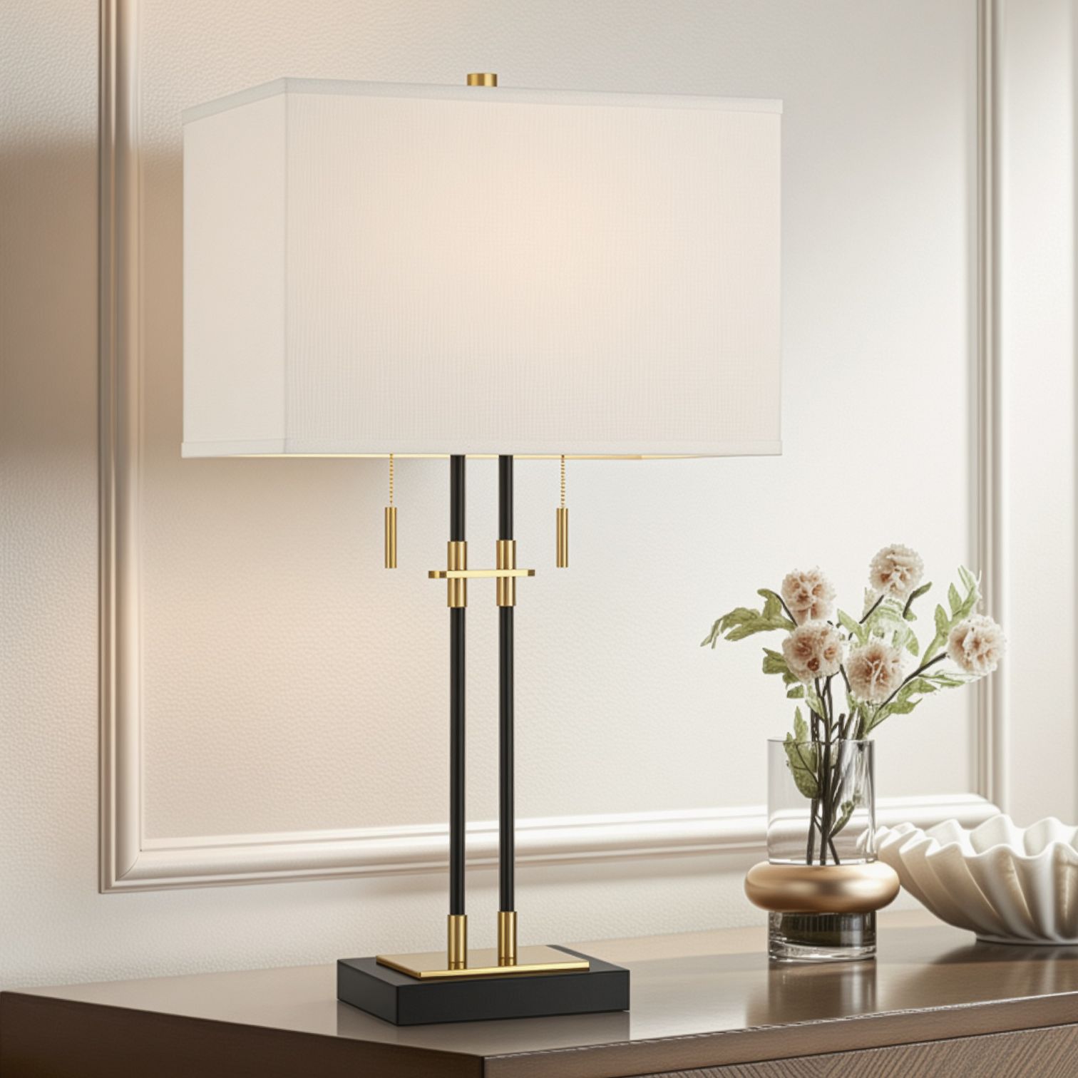 Stefano 30 1/4"H Black Gold 2-Light Pull Chain USB Table Lamp Set of 2