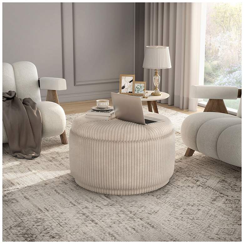 Image 2 Stern Beige Pink Chenille Corduroy Round Storage Ottoman more views
