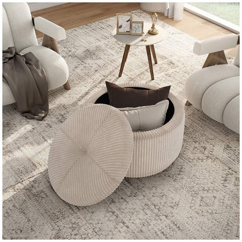 Image 3 Stern Beige Pink Chenille Corduroy Round Storage Ottoman more views