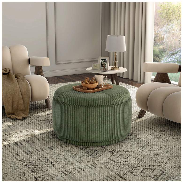 Image 2 Stern Green Chenille Corduroy Round Storage Ottoman more views