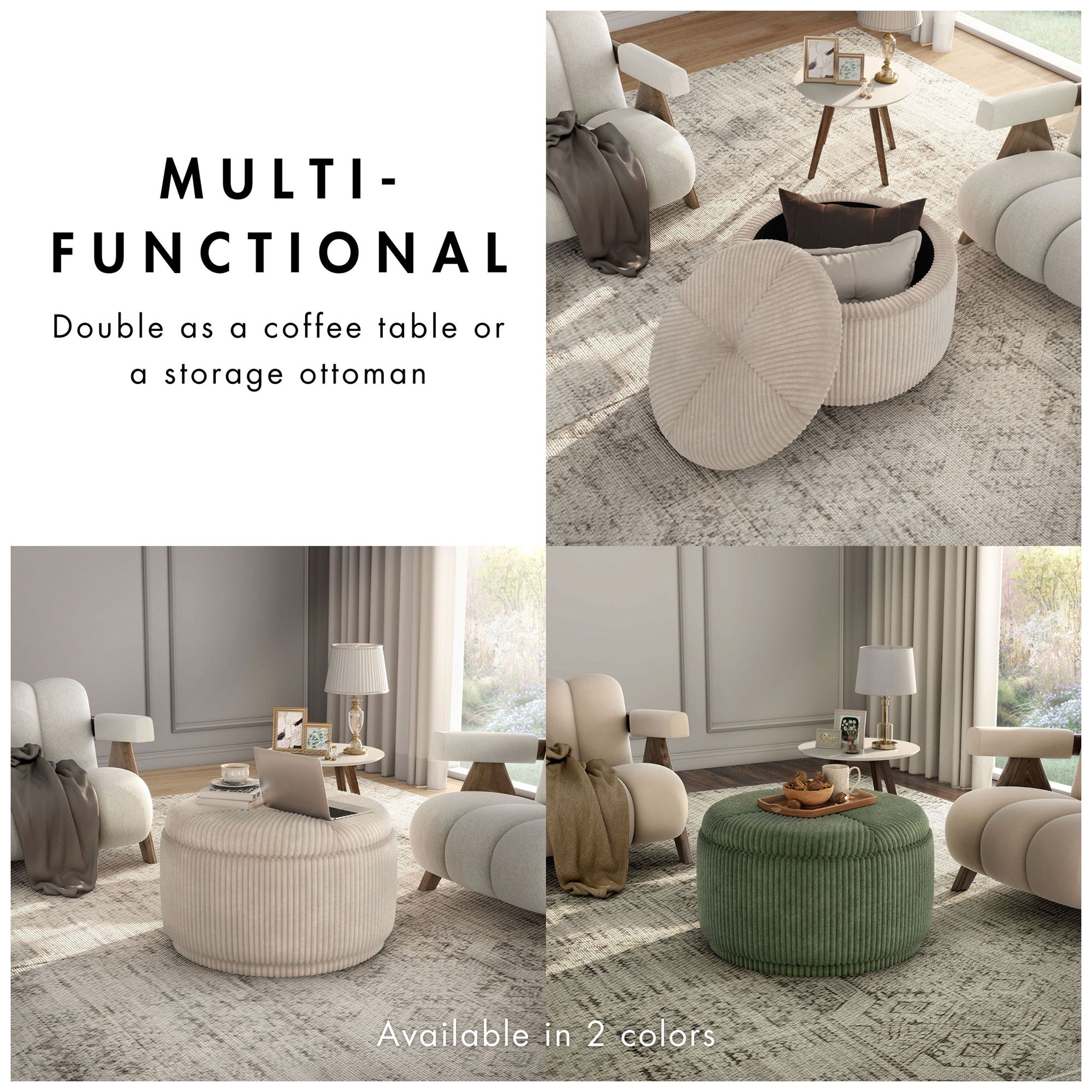 Stern Green Chenille Corduroy Round Storage Ottoman