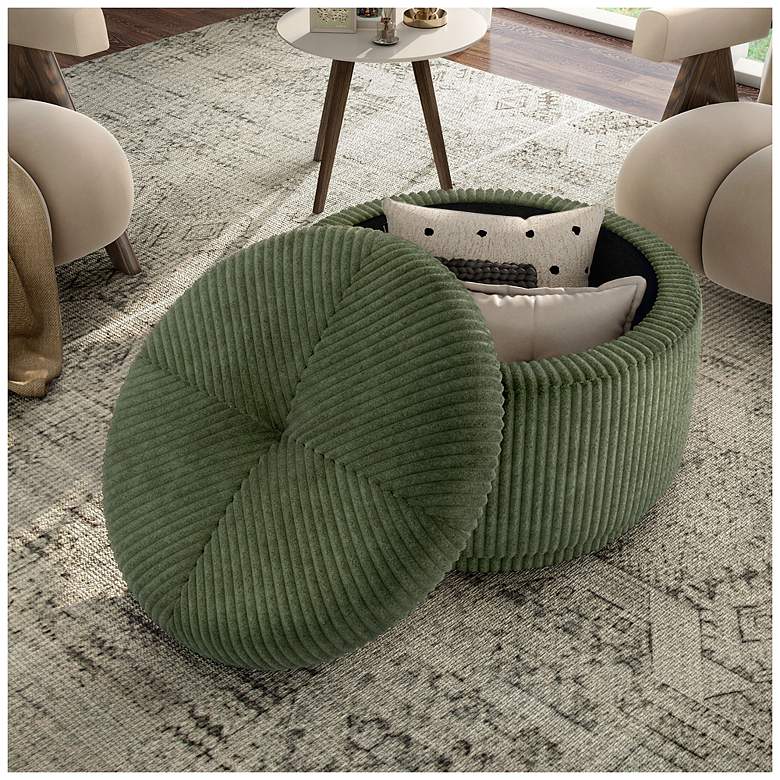 Image 3 Stern Green Chenille Corduroy Round Storage Ottoman more views