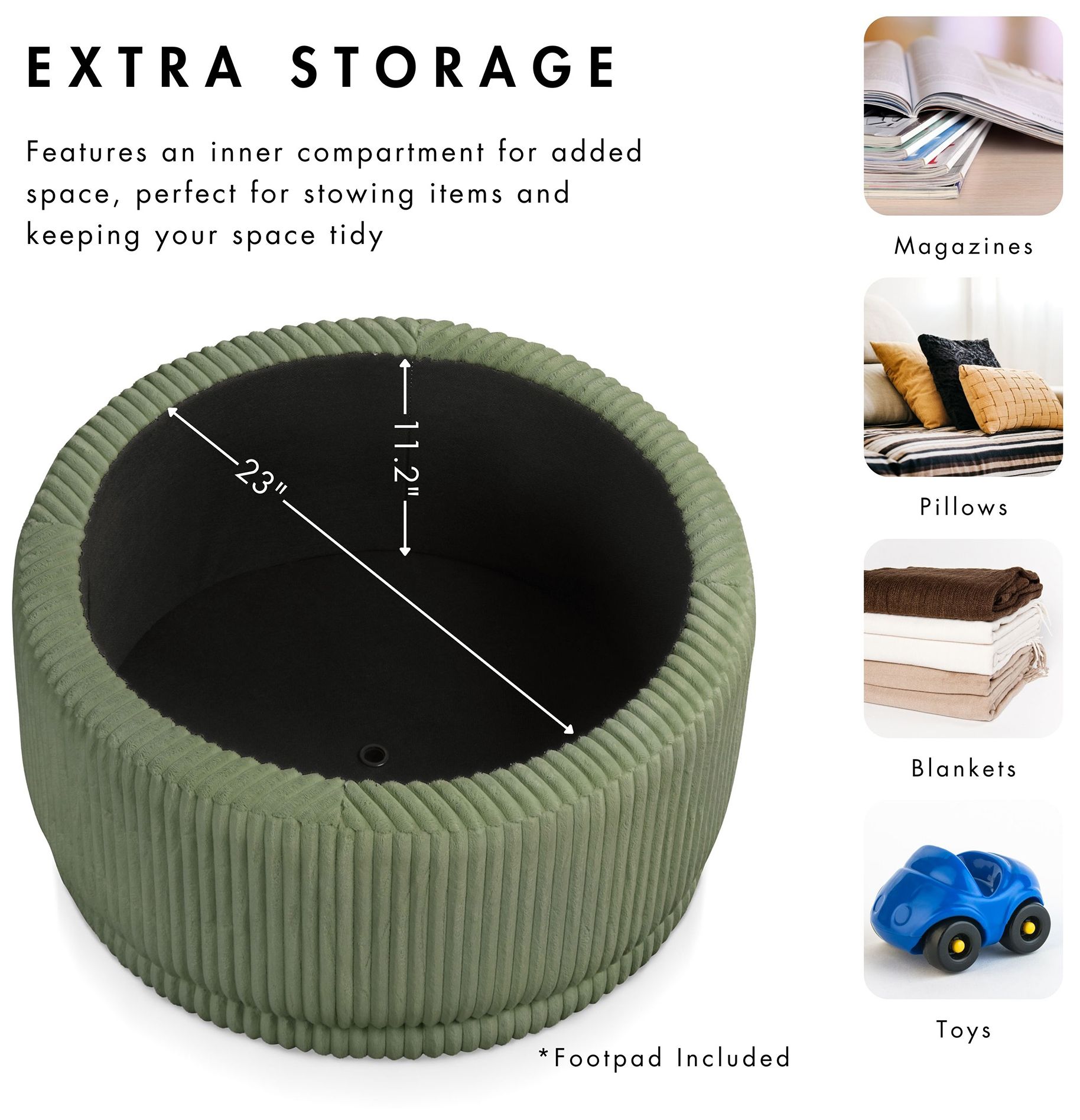 Stern Green Chenille Corduroy Round Storage Ottoman