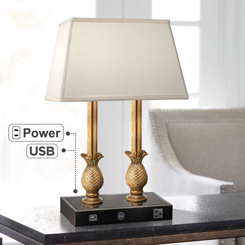 Image 1 Steven Brass and Black Desk Lamp w/ USB Port and Outlet