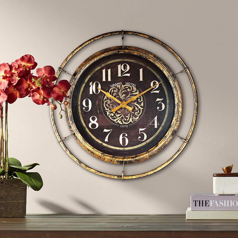 Image 1 Stewart 23 inch Wide Distressed Gold and Brown Metal Wall Clock