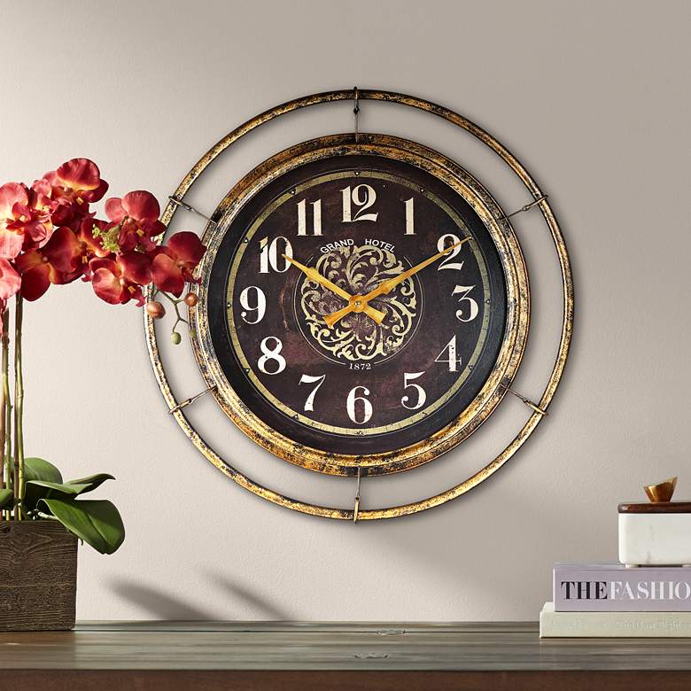 Image 1 Stewart 23" Wide Distressed Gold and Brown Metal Wall Clock