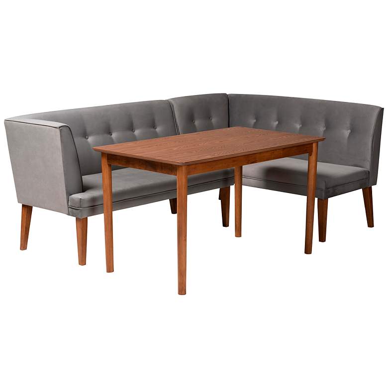 Image 2 Stewart Gray Velvet Fabric Walnut Brown 3-Piece Dining Set