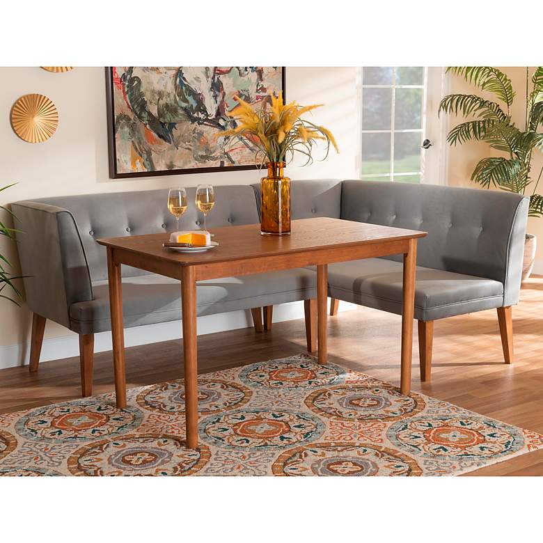 Image 1 Stewart Gray Velvet Fabric Walnut Brown 3-Piece Dining Set