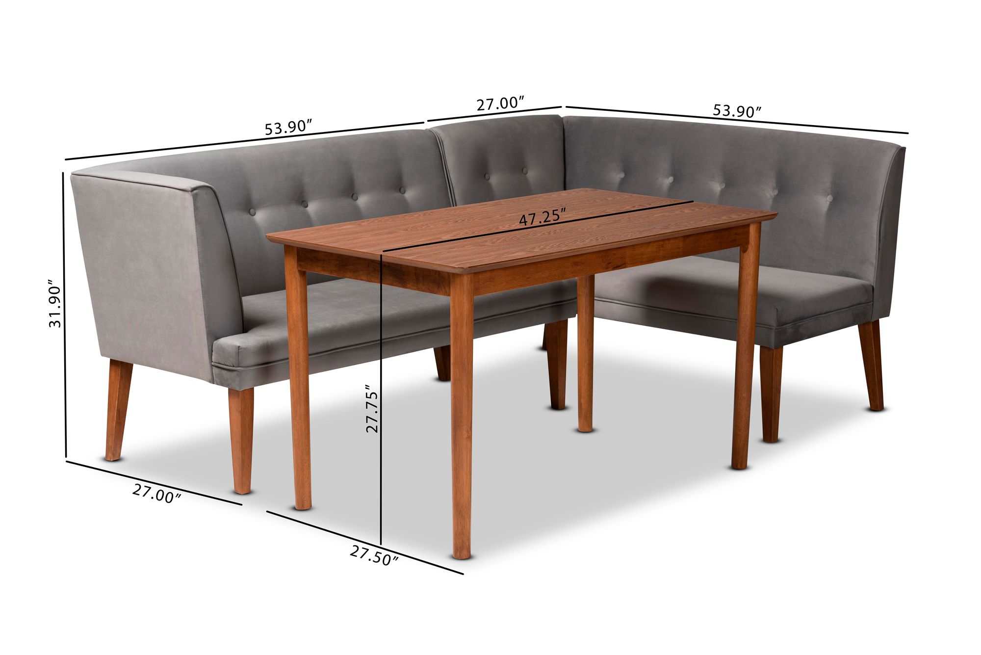 Stewart Gray Velvet Fabric Walnut Brown 3-Piece Dining Set