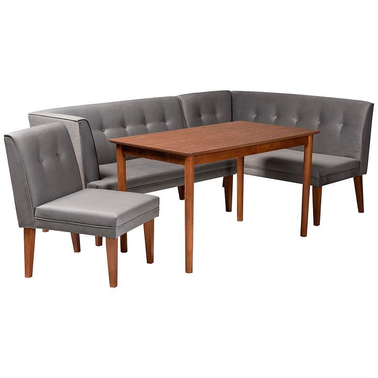 Image 2 Stewart Gray Velvet Fabric Walnut Brown 4-Piece Dining Set