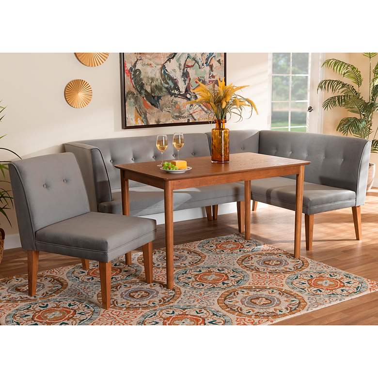 Image 1 Stewart Gray Velvet Fabric Walnut Brown 4-Piece Dining Set