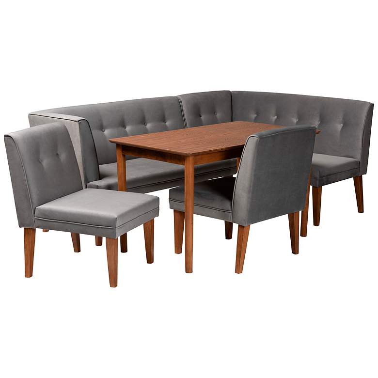 Image 2 Stewart Gray Velvet Fabric Walnut Brown 5-Piece Dining Set