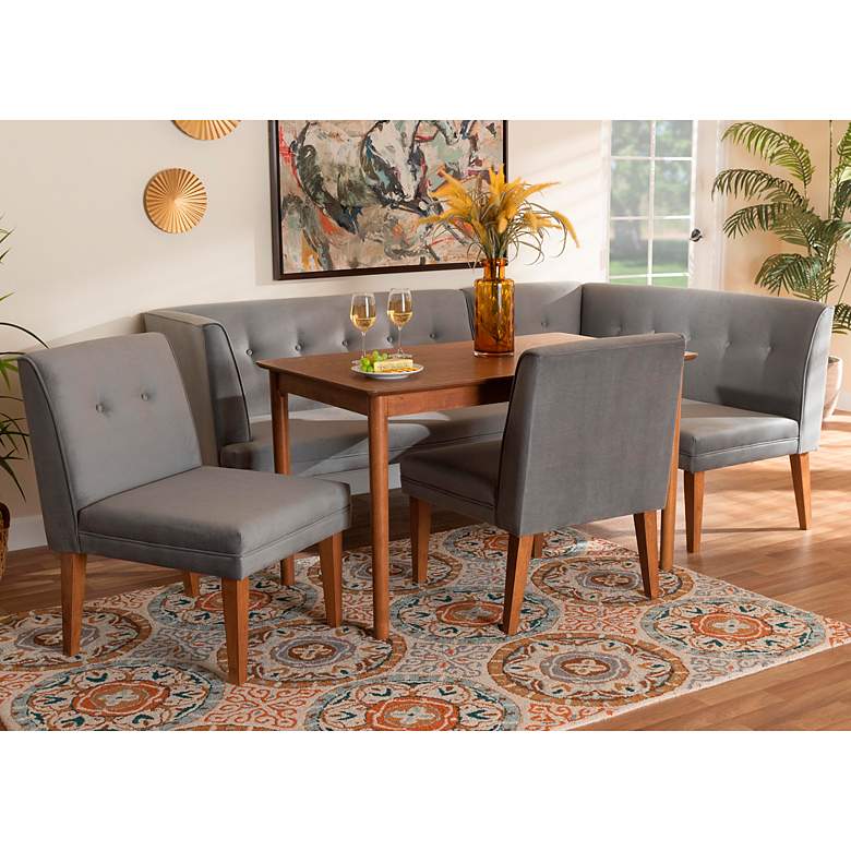 Image 1 Stewart Gray Velvet Fabric Walnut Brown 5-Piece Dining Set