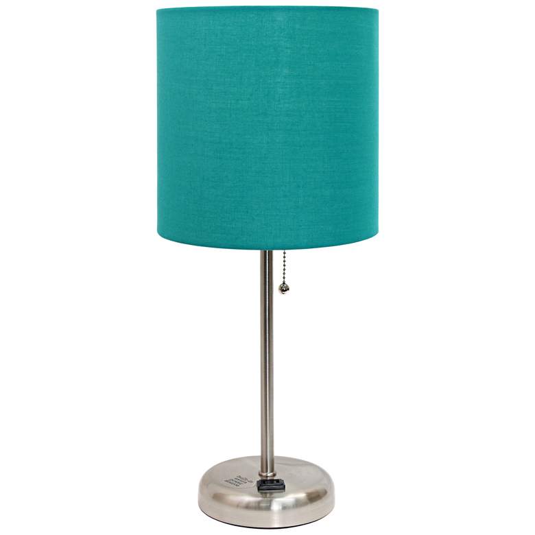 Image 1 Stick Lamp with Charging Outlet and Fabric Shade, Teal