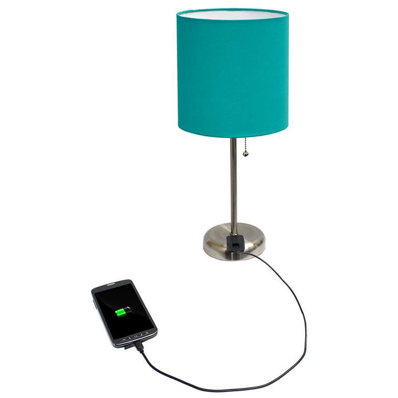 Image 3 Stick Lamp with Charging Outlet and Fabric Shade, Teal more views
