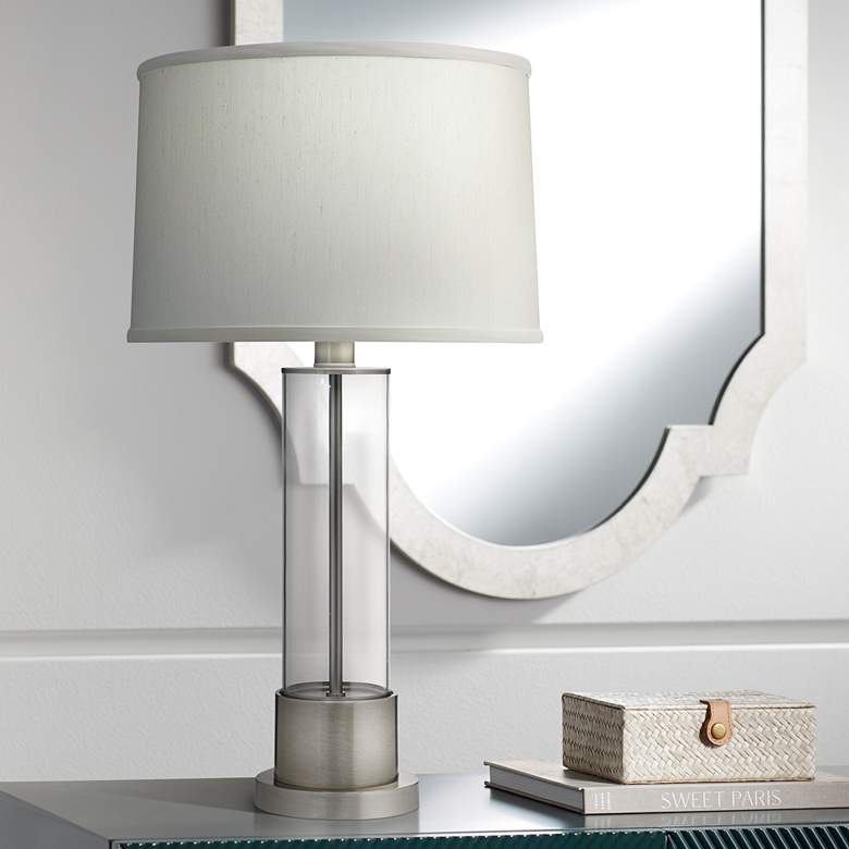 Image 1 Stiffel 26 1/2 inch High Satin Nickel Column Accent Table Lamp