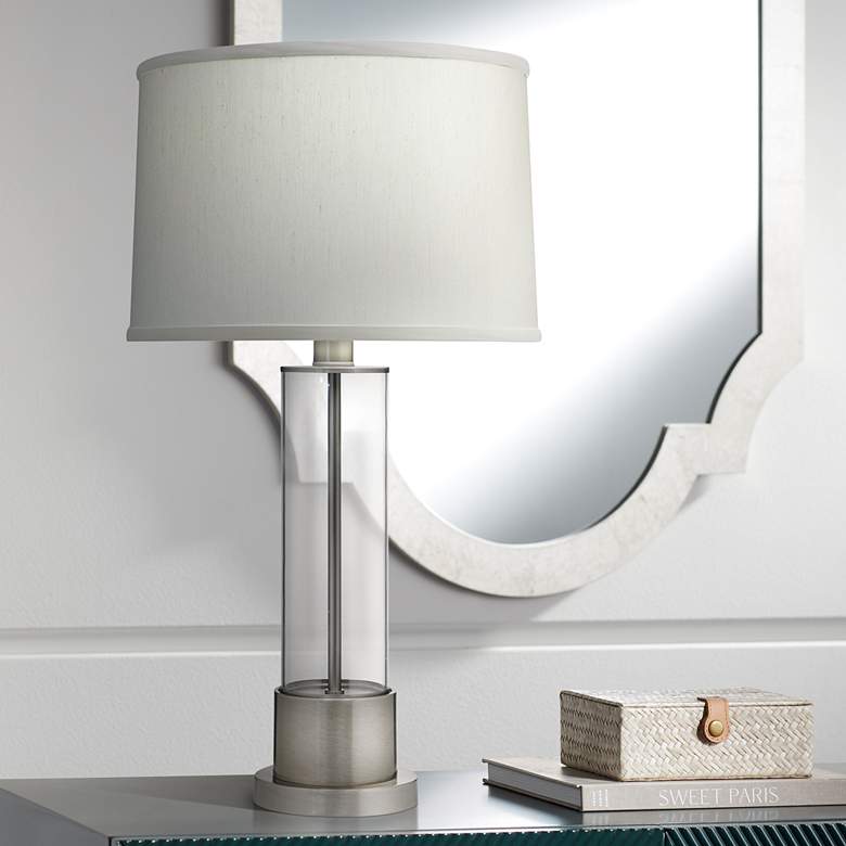 Image 1 Stiffel 26 1/2" High Satin Nickel Column Accent Table Lamp