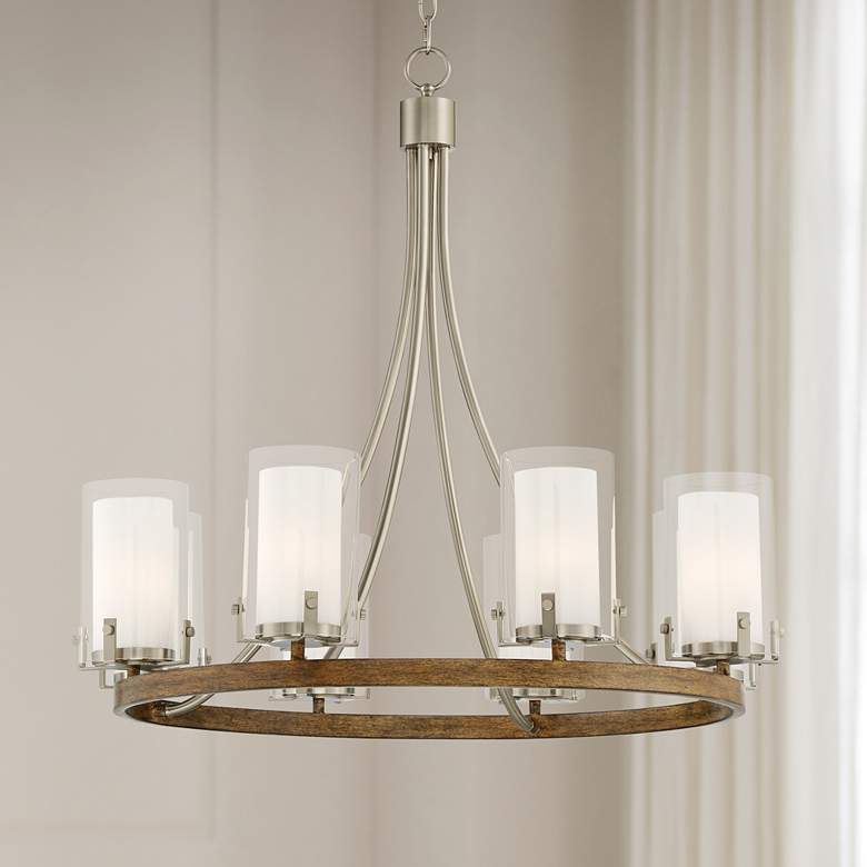 Image 1 Stiffel 29 1/2" Wide Kiva Nickel Wood 8-Light Wagon Wheel Chandelier
