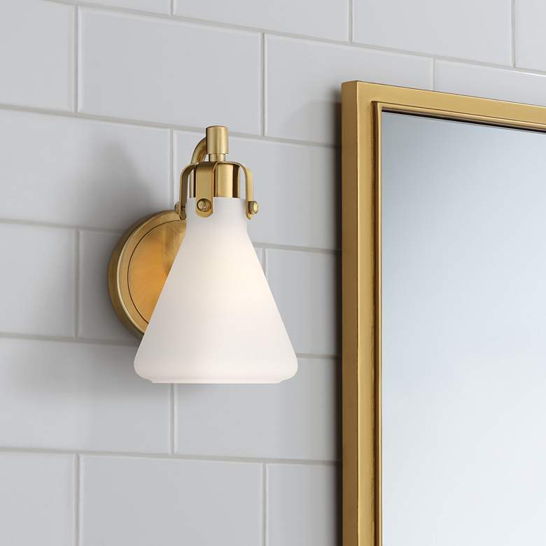 Image 1 Stiffel 8 1/2" High Warm Brass and White Glass Modern Wall Sconce