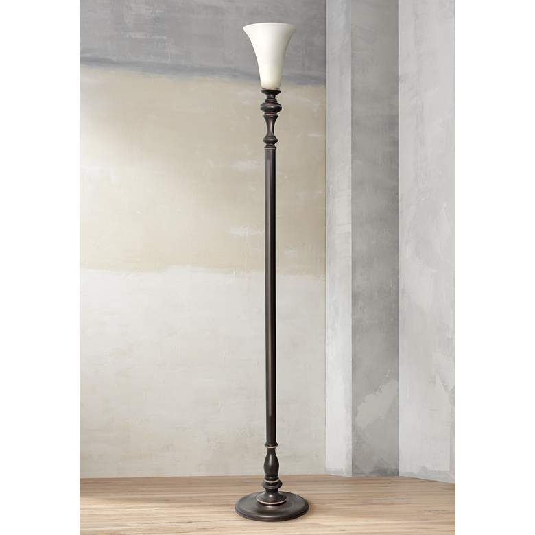Image 1 Stiffel Burnished Brass and Opal Glass Torchiere Floor Lamp