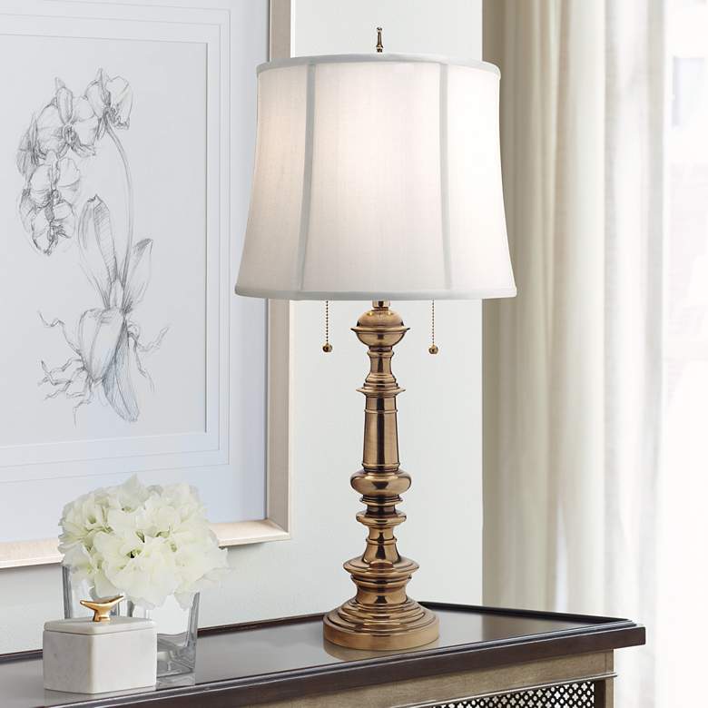 Image 1 Stiffel Burnished Brass Double Pull Chain Table Lamp