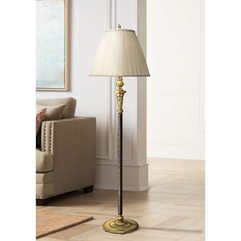 Image 1 Stiffel Camille 61" Burnished Brass and Faux Black Leather Floor Lamp