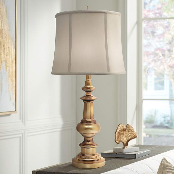 Stiffel Candlestick 33 High Shadow Shade Antique Brass Table Lamp - #2X870