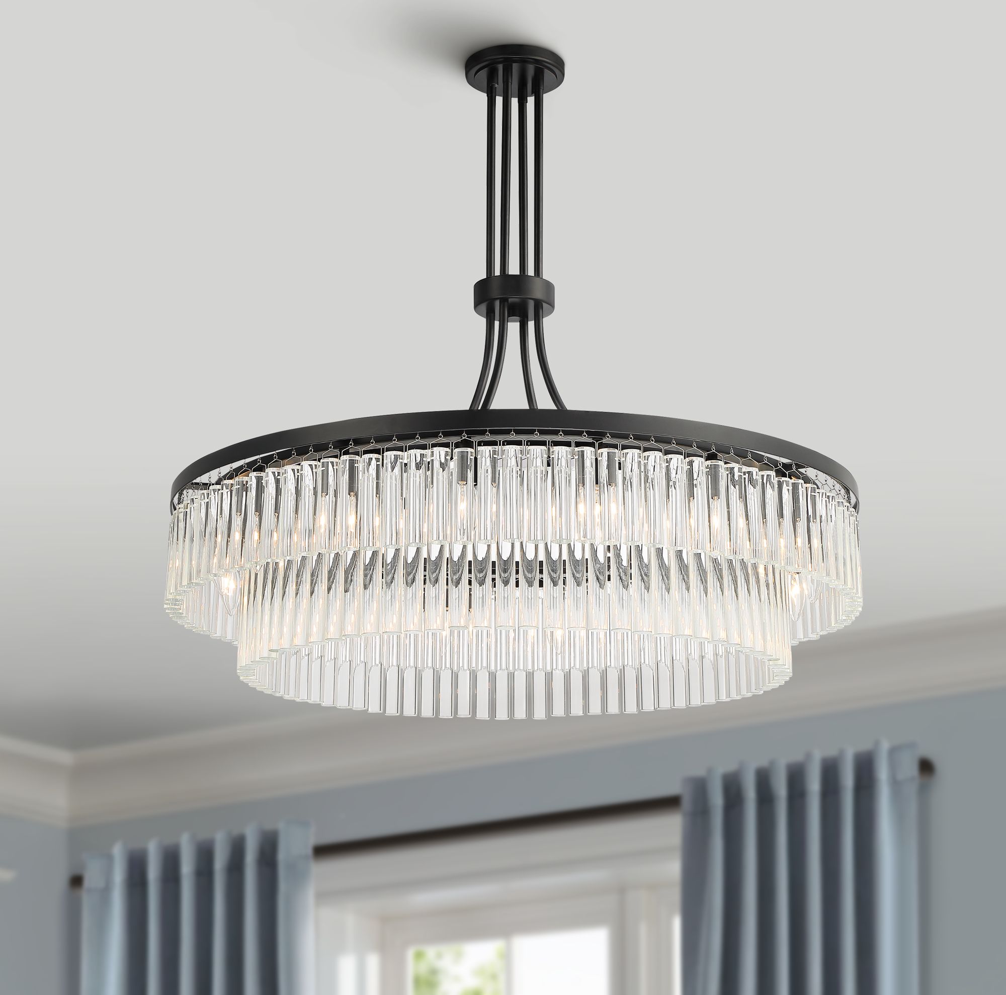 Image Stiffel Handry 38" Wide Black Glass Rod 16-Light Pendant