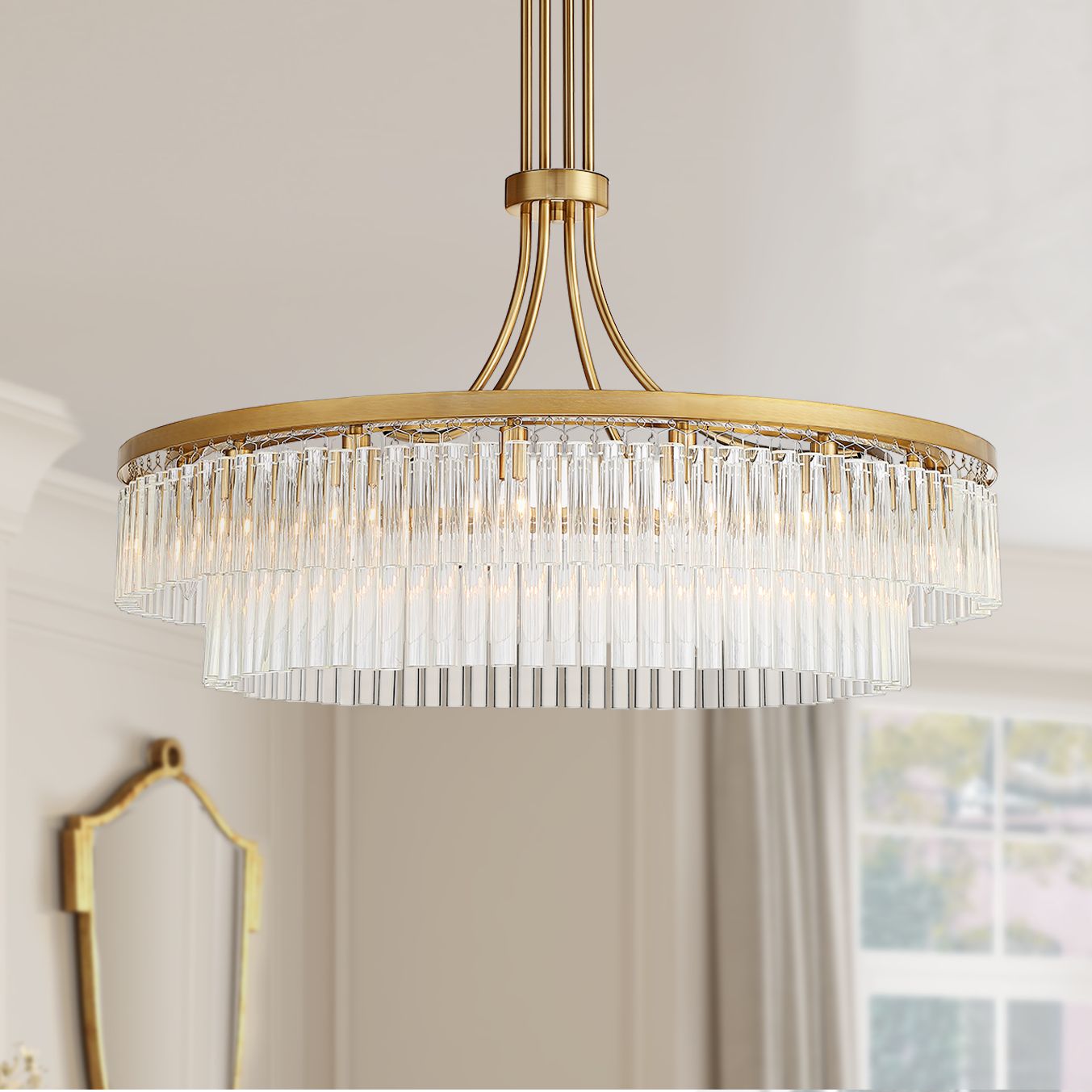 Image Stiffel Handry 38"W Antique Brass Glass Rod 16-Light Pendant