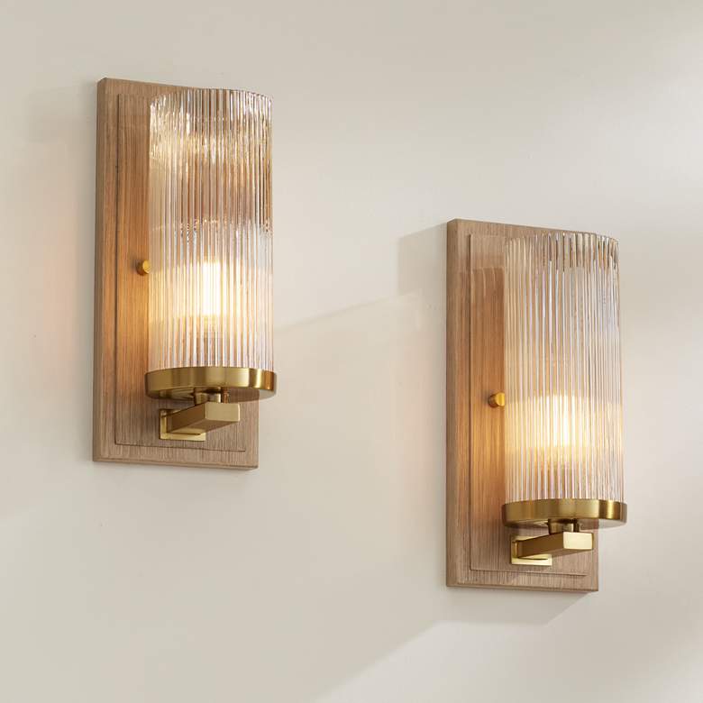 Image 1 Stiffel Palais 12 1/2" High Gold and Wood Wall Sconce Set of 2