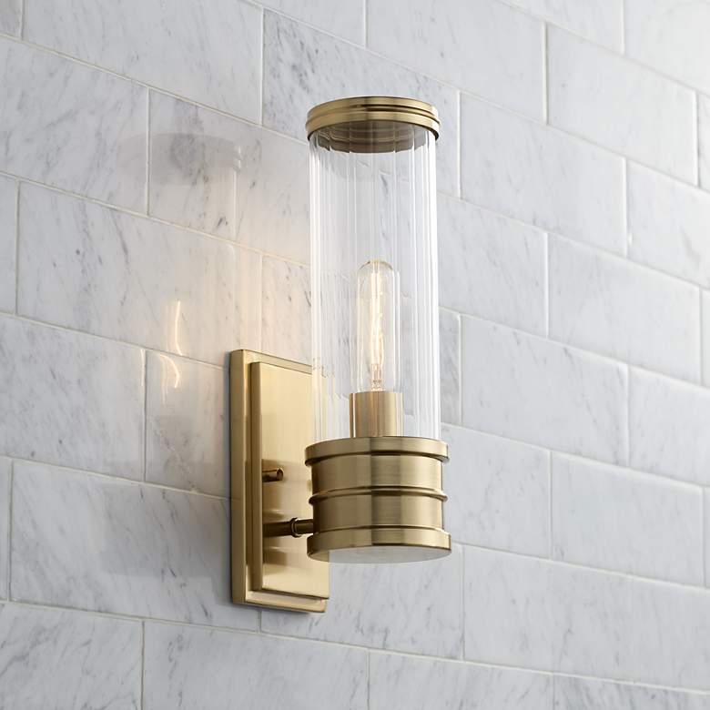 Image 1 Stiffel Roslyn 15"H Gold and Ribbed Glass Wall Sconce