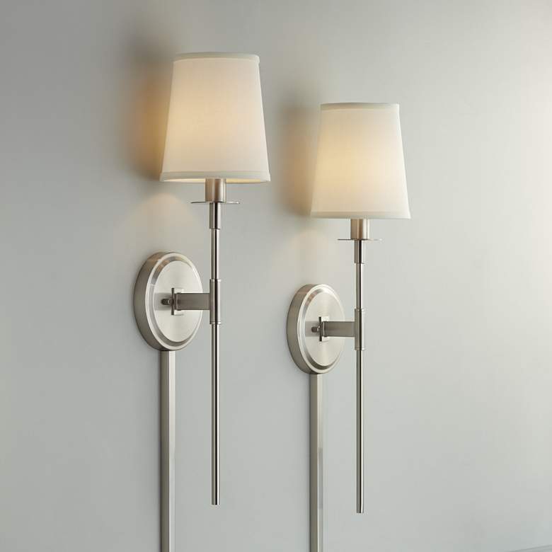 Image 1 Stiletto Brushed Nickel Plug-in Wall Lamps Set of 2 with Cord Covers