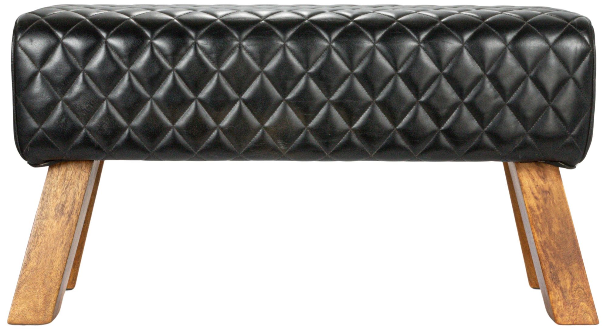 Stitched Genuine Leather Bench with Mango Wood Legs, Black